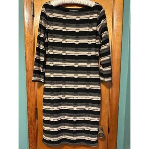 Sharagano Black Gray Beige Ruffle Stripes 3/4 Sleeve Dress - Size 12